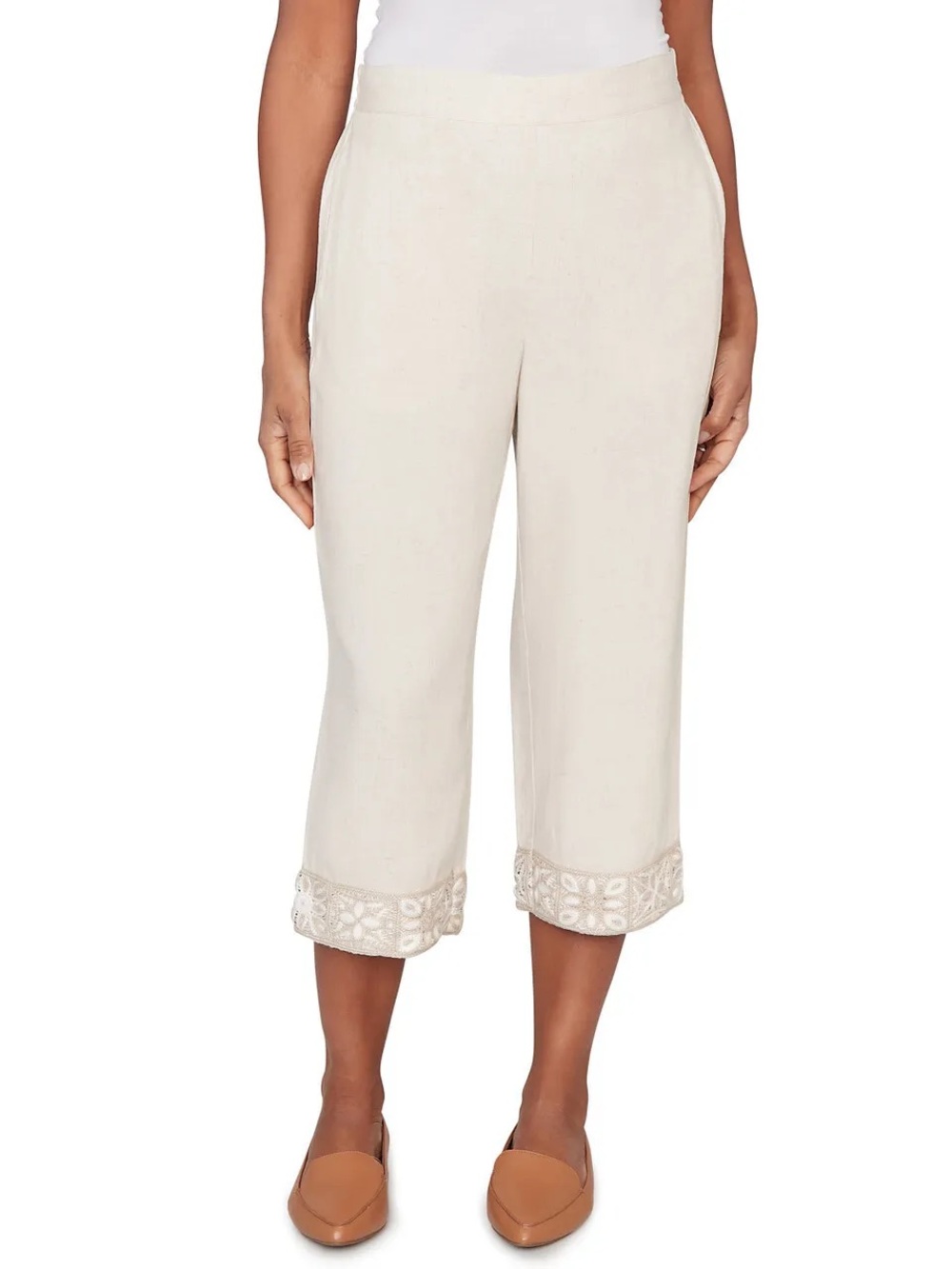 Alfred Dunner Natural Wonder Crochet Trim Linen Capri Pants Linen Size 18W NWT